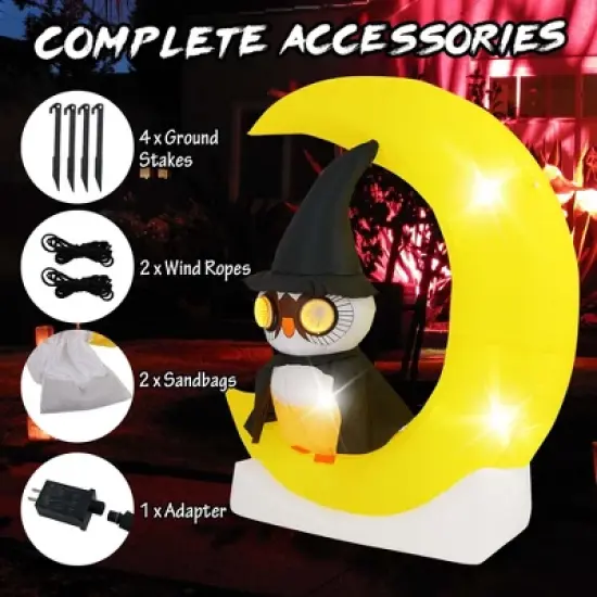 Costway 4.3 x 5.1 ft Inflatable Owl on Moon LED Lighted Halloween Decoration w/ Large Moon & Wizard Owl  w/ Stakes & Sandbags image {6}
