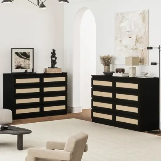 8 Drawer Double Dresser for Bedroom, Rattan Chest of Dressers, Modern Wooden Dresser Chest image {6}