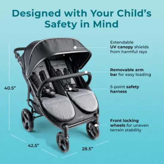 Gaggle by Foundations Roadster Duo Lightweight Side by Side Double Stroller, Portable Compact Stroller, Black image {8}