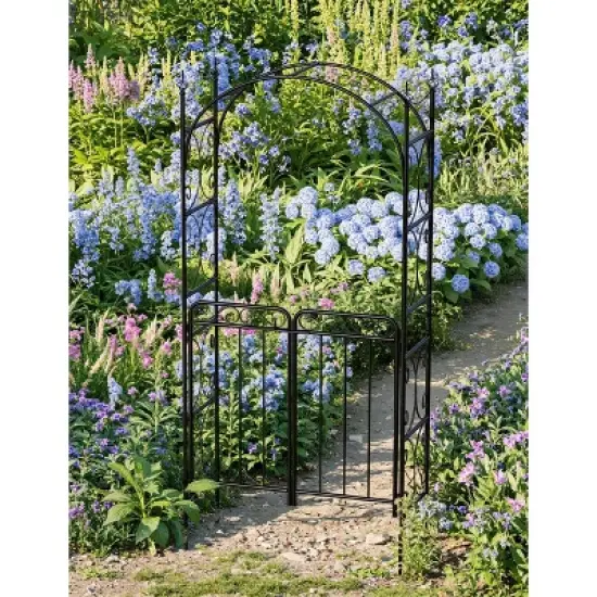8FT Black Garden Arch with Gate &uml;C Heavy-Duty Metal Arbor for Wedding Decor, Sturdy Steel Archway for Climbing Roses & Vines image {1}