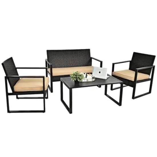 Costway 4PCS Patio Rattan Furniture Set Cushioned Sofa Coffee Table Garden Deck Brown image {7}