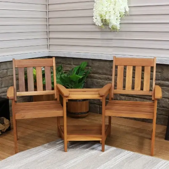 Sunnydaze Outdoor Meranti Wood with Teak Oil Finish Jack-and-Jill Patio Chairs with Attached Table - Brown image {1}