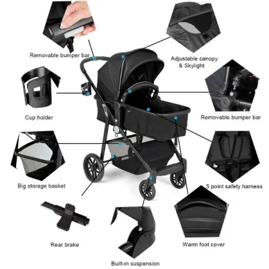 Infans 2 In 1 Foldable Baby Stroller Kids Travel Newborn Infant Buggy Pushchair Black image {3}