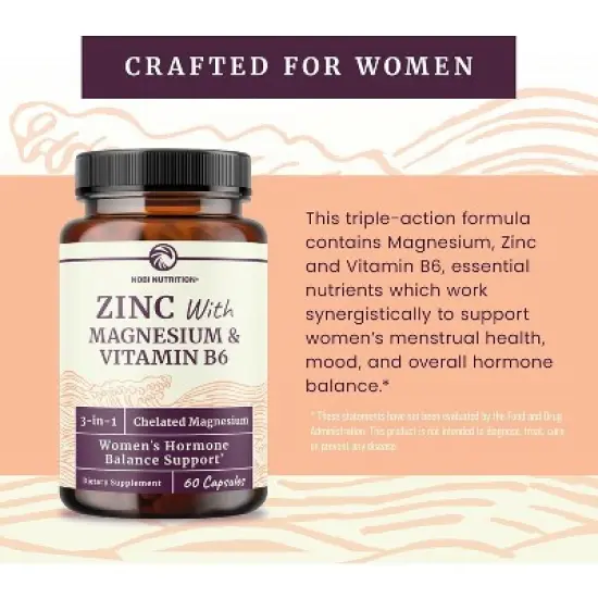 High Absorption Zinc and Magnesium Supplement with Vitamin B6, Women&rsquo;s Hormone Balance, Menstrual Cycle & Immune Support Capsule, Nobi Nutrition, 60ct image {6}