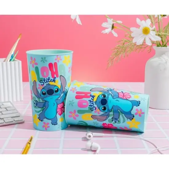 Silver Buffalo Disney Lilo & Stitch "Aloha" 4-Piece Plastic Cup Set | Each Holds 22 Ounces image {1}