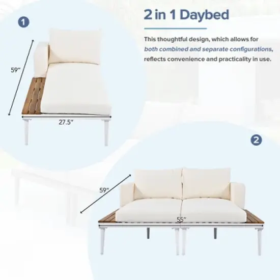 2-Piece Outdoor Patio Metal Padded Daybed with Wood Topped image {1}