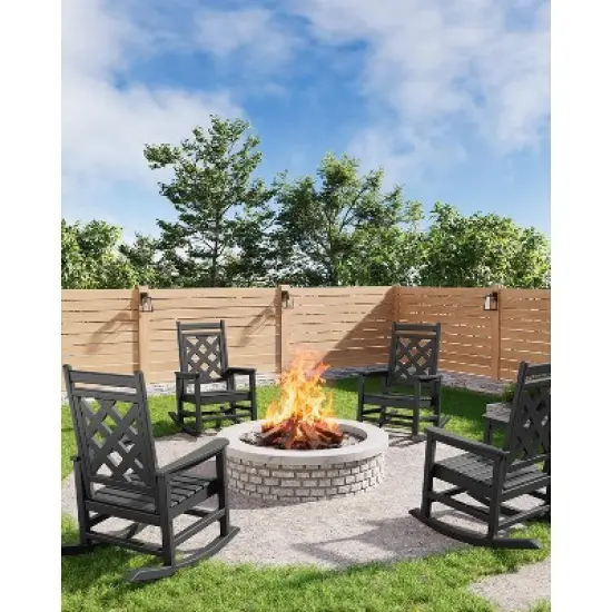 Oversized Outdoor Rocking Adirondack Chair HDPE Plastic Wood Texture Wide Ergonomic Backrest Durable Weather Resistant image {1}