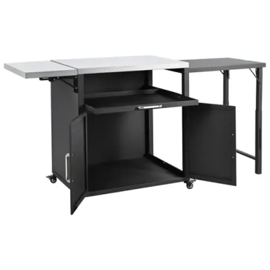 Patio Storage Cabinet, Outdoor Steel Kitchen Islands Serving Carts with Folding & Expandable Work Surfaces, Lockable Wheels, Matte Black -ModernLuxe image {10}