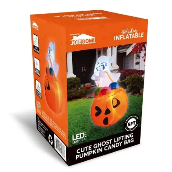 Joyfy 5 FT Halloween Inflatables Outdoor Decorations, Inflatable Cute Ghost Lift Pumpkin Candy Bag with LEDs for Halloween Yard Garden Lawn Decoration image {8}