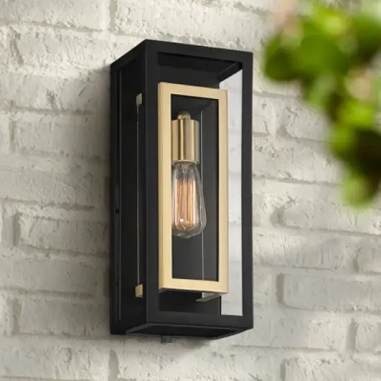 Possini Euro Design Double Box Industrial Outdoor Wall Light Fixture Matte Black Warm Brass 15 1/2" Clear Glass Post Exterior Barn Deck House Porch image {1}