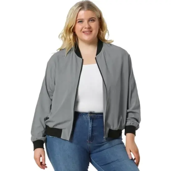Agnes Orinda Women Plus Size Contrast Trim Zipper Pocket Lightweight Bomber Jacket image {8}