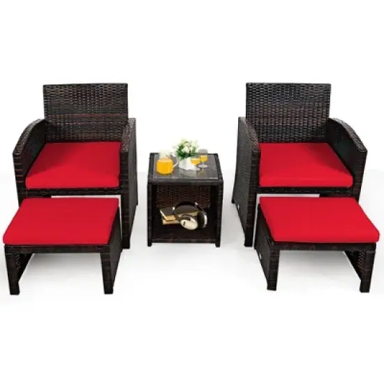 Costway 5PCS Patio Rattan Wicker Furniture Set Sofa Ottoman W/ Cushions Red image {3}