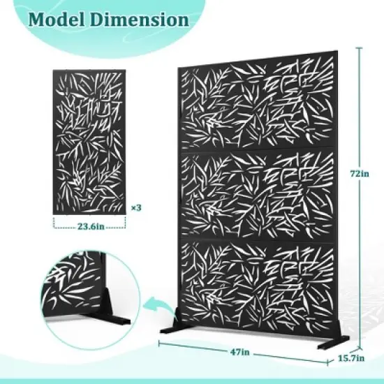 TOAOTBNBO Metal Privacy Screen with Stand, Decorative Privacy Fence Panels with Bamboo Leaf Pattern, Outdoor Privacy Screen for Garden, Black image {2}