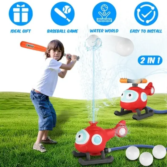 iMountek"2-in-1 Water Sprinkler Baseball Helicopter Toy for Kids - 360&deg; Rotating Tee Ball Set for Summer Fun"Red image {1}