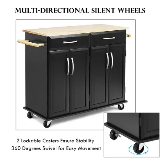 Costway Rolling Kitchen Trolley Island Black Cart Wood Top Storage Cabinet Utility W/ Drawers image {4}