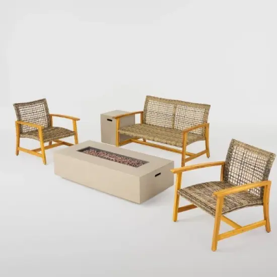 Augusta 5pc Wood & Wicker Chat Set with Fire Pit - Natural/Gray/Light Gray - Christopher Knight Home image {1}