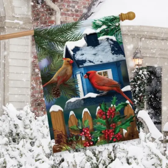 Snow Day Cardinals Winter House Flag Birdhouse Berries 28" x 40" Briarwood Lane image {2}