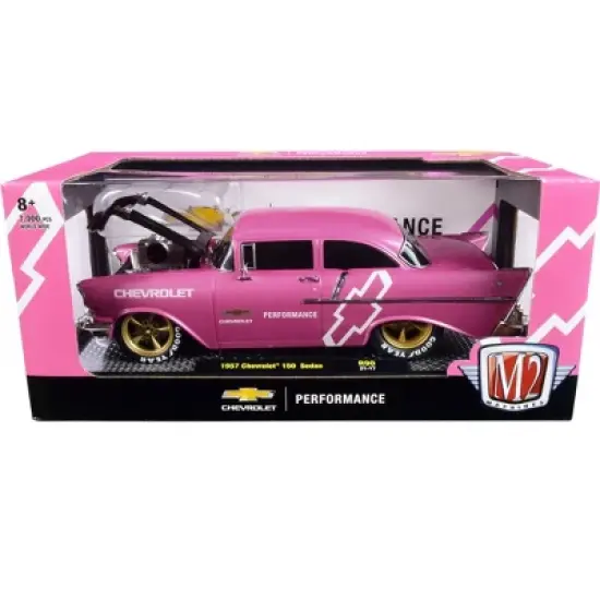 1957 Chevrolet 150 Sedan Medium Pink Pearl with Black Hood and Graphics Ltd Ed to 7000 pcs 1/24 Diecast Model Car by M2 Machines image {2}