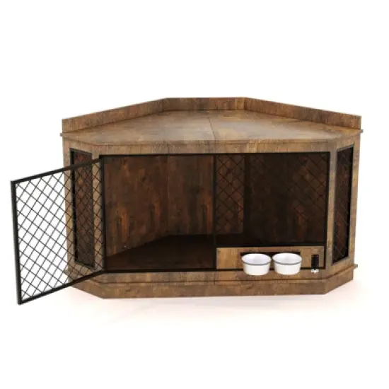 51.3" Corner Dog Crate Furniture with Rotating Feeder, Decorative Dog Crates Dog Cage TV Stand image {6}