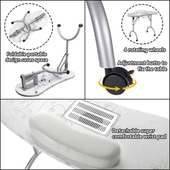 LEIBOU Professional 35 Inch Vented and Foldable Manicure Table with Magnifier Lamp, Dust Collector, Sponge, and Polish Carrying Bag, White Flower image {2}