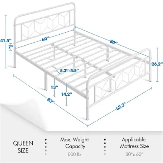 Yaheetech Queen Size Vintage Metal Bed Frame with Headboard, White image {2}
