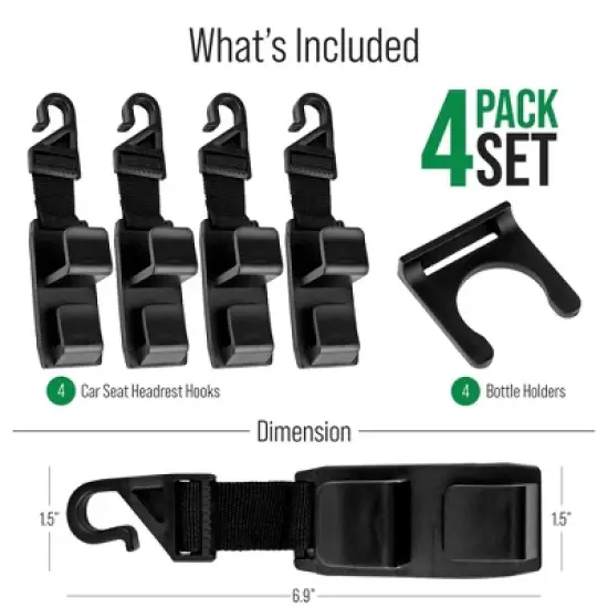 Lebogner Universal Fit Car Seat Headrest Hooks for Storage - 4 Pack image {2}