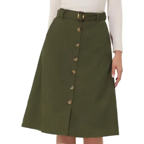 Allegra K Women's High Waist Button Front A-Line Belted Corduroy Midi Skirt image {6}