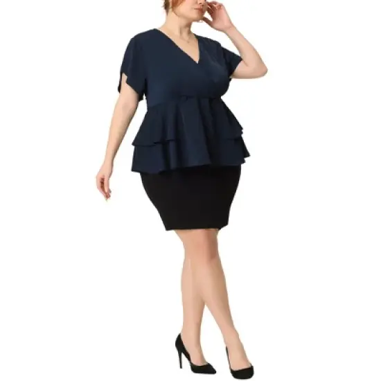 Agnes Orinda Women's Plus Size Peplum V Neck Ruffle Hem Buttons Front Work Formal Top image {1}