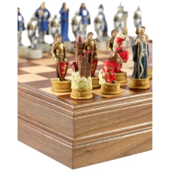 WorldWise Imports Chess Set - King Arthur Painted Resin on 15" Walnut/Maple Chest image {3}