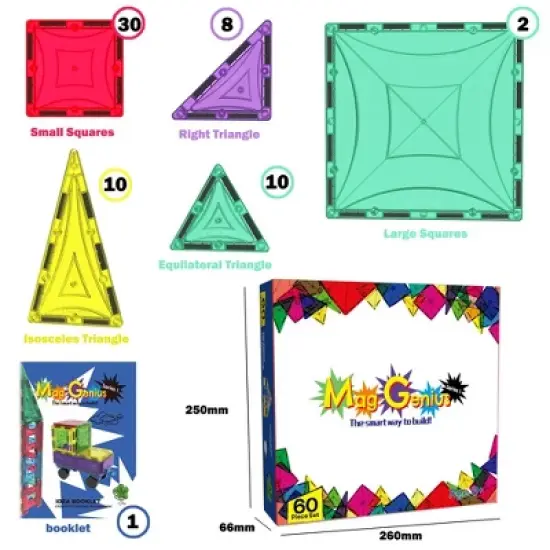 Mag Genius - 60 pieces of Mathematically Shaped Colorful and Transparent Magnetic Building Tiles image {1}