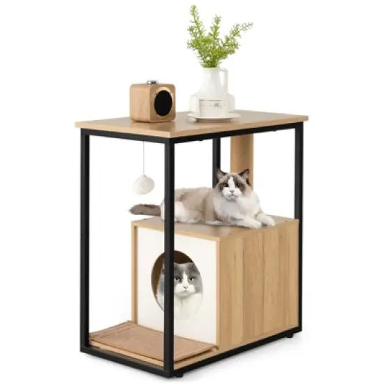 Costway Cat Furniture End Table w/ Scratching Post Removable Scratching Mat Living Room image {9}