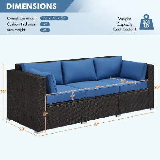 Yaheetech Patio Resin Wicker Sofa Outdoor Rattan Couch with Throw Pillows, Brown/Dark Blue image {2}
