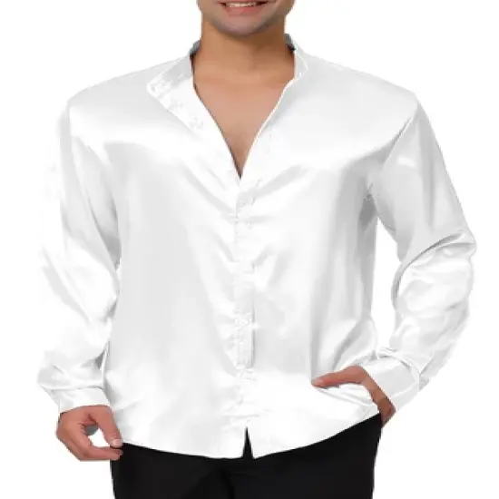 Lars Amadeus Men's Satin Long Sleeves Band Collar Button Down Solid Prom Satin Shirts image {1}