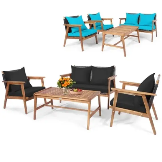 Costway 4PCS Patio Rattan Furniture Set Wooden Cushioned Sofa with Black & Turquoise Cover image {1}