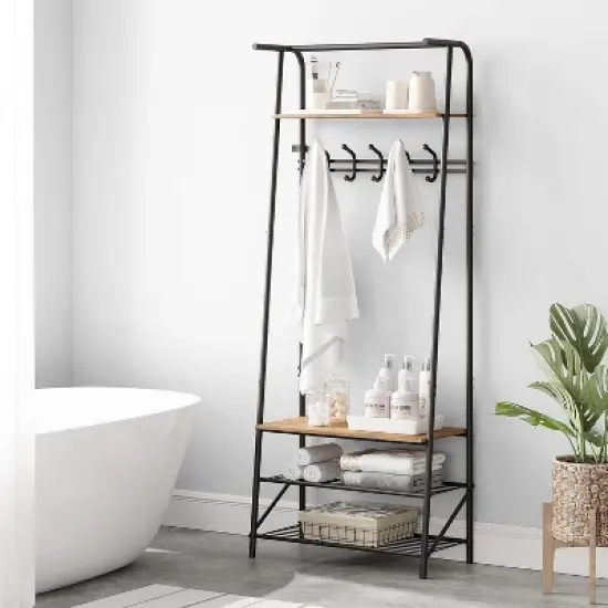 Coat Rack Shoe Bench with Double Row 8 Hooks, 3-Tier Shelf Entryway Hall Tree with Storage, Metal Frame Multifunctional Hallway Organizer, Hallway image {1}