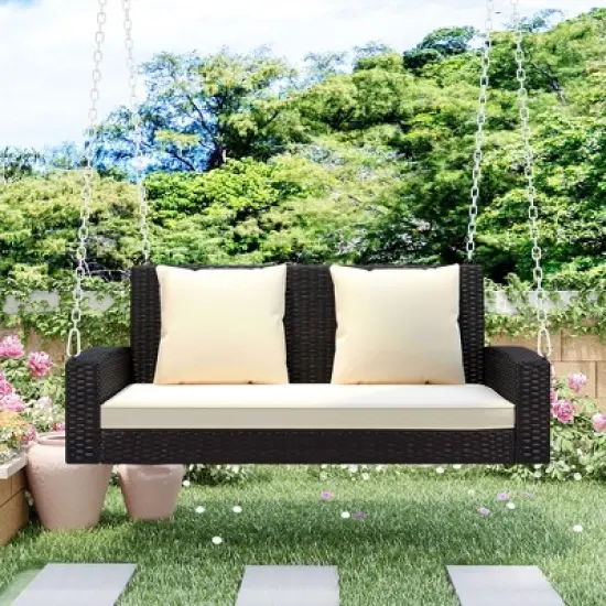FIONECA 2-Person Wicker Hanging Porch Swing with Cushion & Pillow, Outdoor Rattan Swing Bench with Chains for Garden, Backyard, Pond (Brown/Beige) image {16}