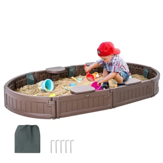 VEVOR Sandbox with Cover, 72 x 41.5 x 9.1 in Oval Sand Box, HDPE Sand Pit with 4 Corner Seating and Bottom Liner, for Boys Girls Ages 3-12, Brown image {8}