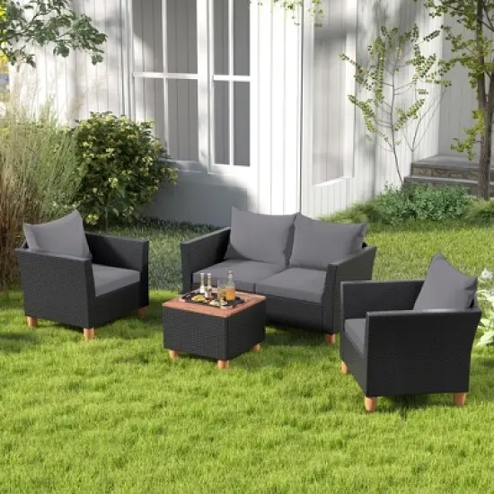 Tangkula 4 PCS Wicker Patio Furniture Set w/ Removable Cushions Storage Coffee Table image {2}
