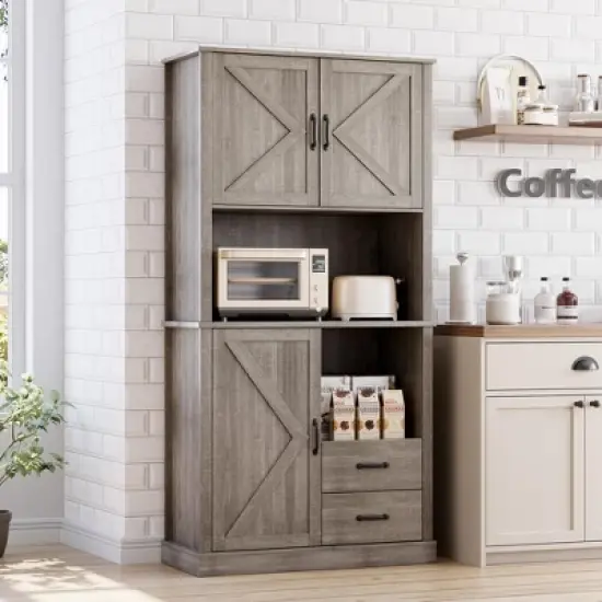 Kitchen Pantry Cabinet with Microwave Stand & Drawers - Tall Hutch Bar Cabinet, Adjustable Shelves, Large Wood Storage for Dining Room, Living Room image {1}