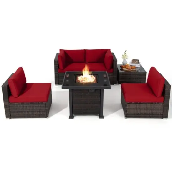 Tangkula 6 Piece Patio Wicker Conversation Set, Outdoor Rattan Sofa Set w/ 32" Propane Fire Pit Table, 50,000 BTU Heat, Tempered Glass Tabletop Black/Navy Blue/Red/Turquoise/Off White image {13}