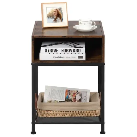 Costway Industrial Nightstand End Side Table W/ Compartment & Mesh Shelf Rustic Brown image {8}