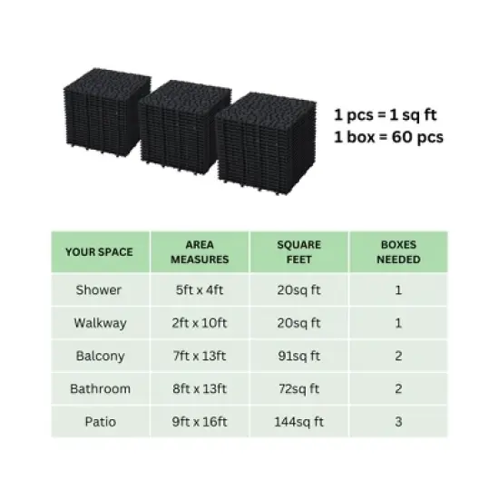 12 x 12 Inch Black Interlocking Deck Tiles &ndash; Waterproof Plastic Outdoor Decking Tiles with Pebble Stone Pattern, 60-Pack image {4}