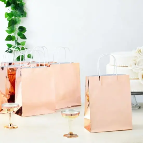 Sparkle and Bash 15-Pack Rose Gold Gift Bags, Metallic Party Favor Bags For Valentines Day, Birthday, Wedding, and Anniversary,8x10x4 in image {2}