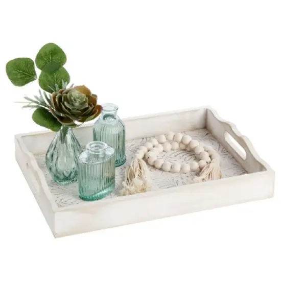 Juvale 2-Pack Rustic Wood Coffee Table Serving Tray with Handles for Ottoman, White Floral image {3}