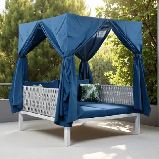 Outdoor Patio Rattan Canopy Daybed Sunbed with Curtain and Woven Rope Arm image {17}