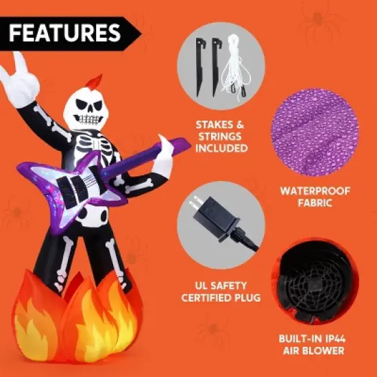 Joyfy 6 FT Halloween Inflatable Outdoor Decoration, Skeleton Plays Guitar Inflatable with Music and LED Lights for Halloween Yard Garden Lawn Decor image {5}