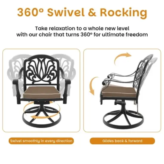 9-Piece Oval Cast Aluminum Outdoor Patio Dining Set with Swivel Chairs & Brown Cushions & Umbrella Hole image {9}