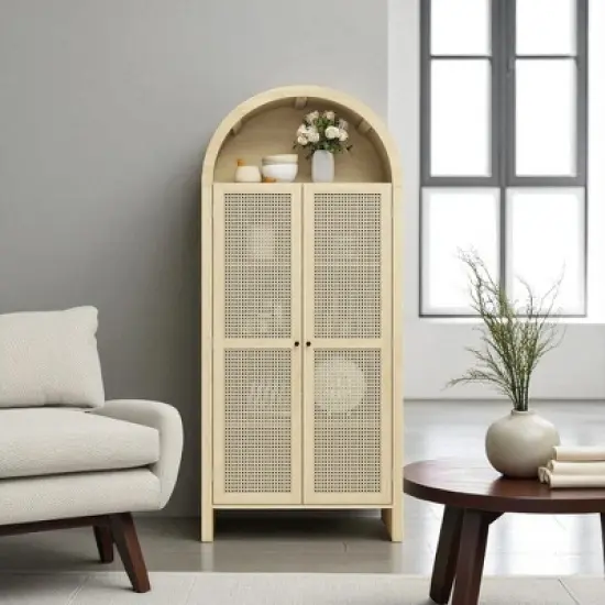 70" Arched Kitchen Pantry Cabinet with Rattan Doors and Adjustable Shelves, Freestanding Storage Display Cabinet for Kitchen, Dining Room image {10}