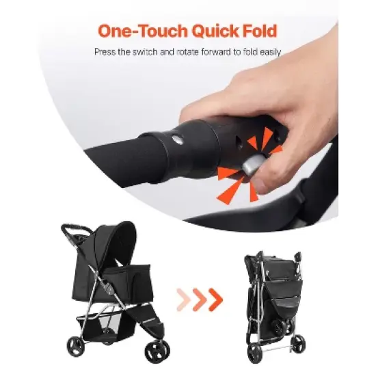 VEVOR Pet Stroller, 35 lbs Weight Capacity, Foldable Dog Stroller Cart, 3 Wheels Cats Stroller with Mesh Windows and Cup Holders, Black image {5}