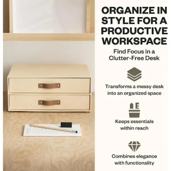 Bigso Birger 2-Drawer Desktop Organizer &ndash; A4/Letter Size Paper Storage with Leather Handles, Cream image {2}